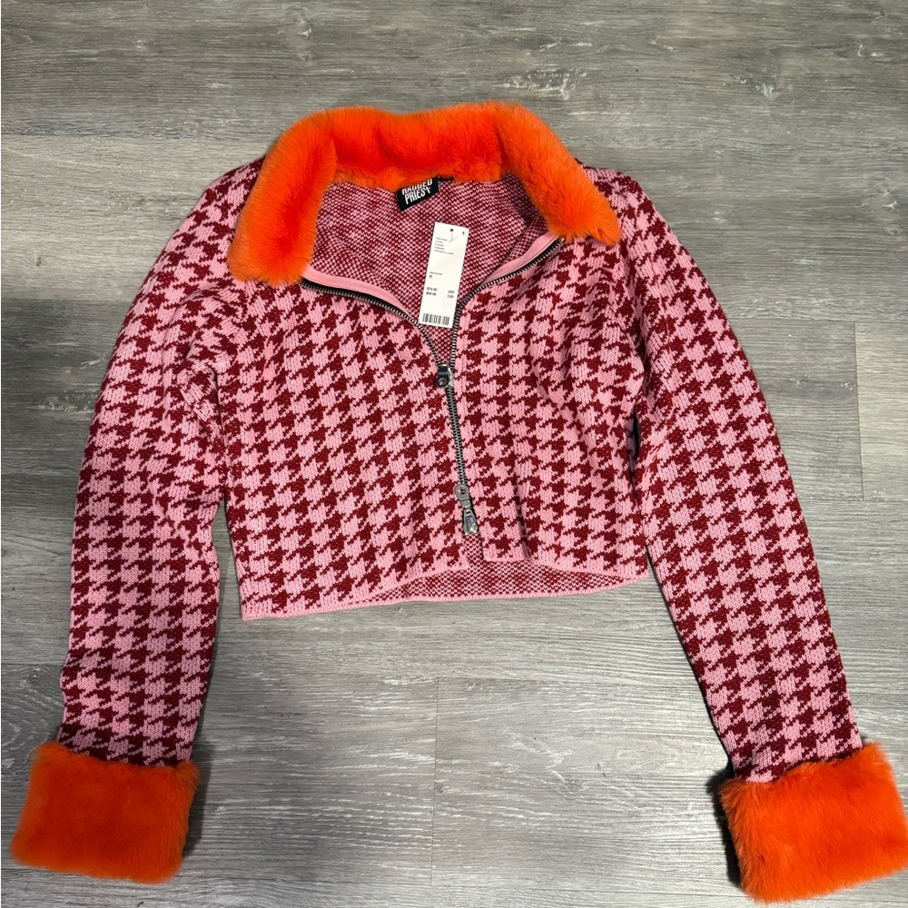 The Ragged Priest Pink and Orange Houndstooth Cardigan